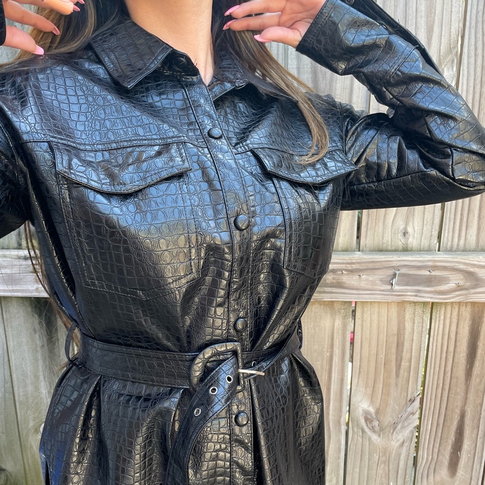 Black faux leather belted shirt jacket